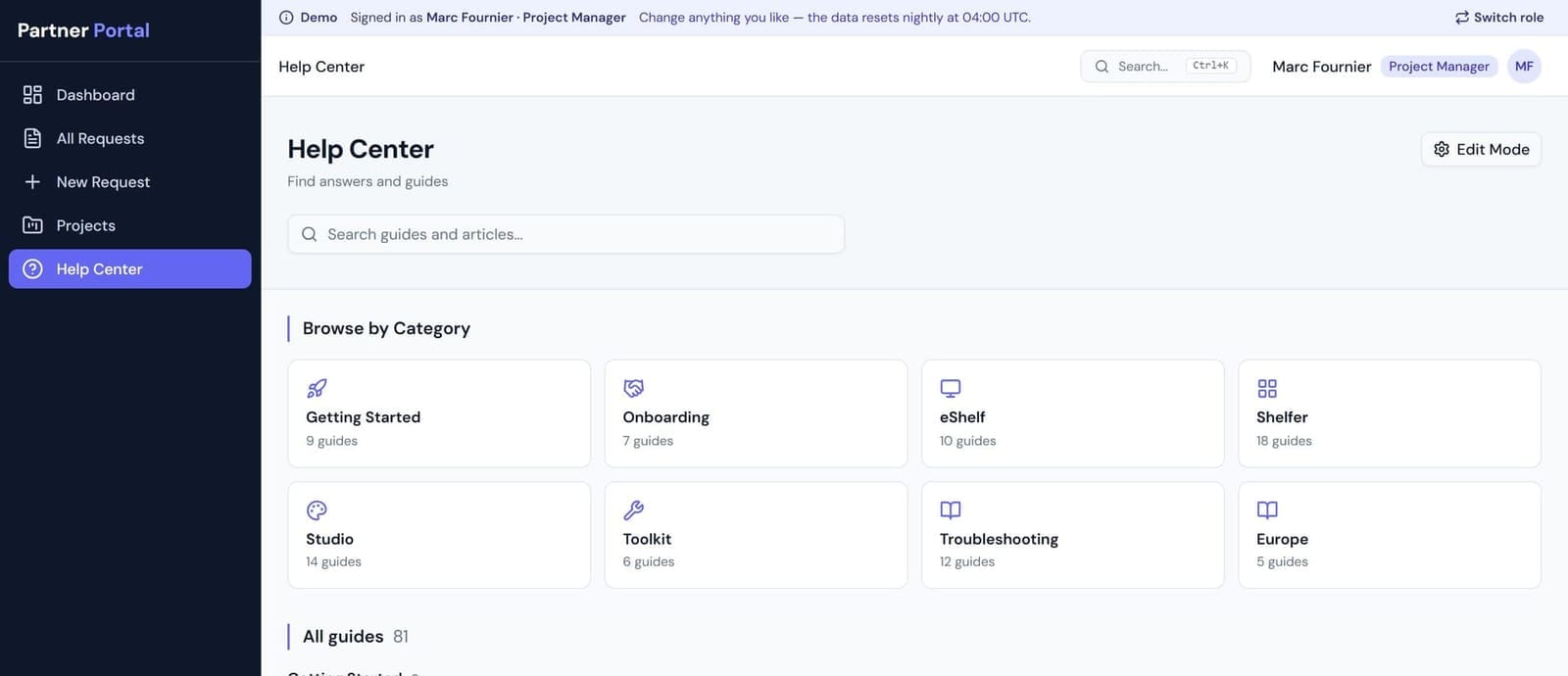מרכז הידע ב־Partner Portal, כמו שמנהל הפרויקטים רואה אותו: שמונה קטגוריות עם מונה מדריכים לכל אחת (9, 7, 10, 18, 14, 6, 12, 5), „All guides 81”, וכפתור מצב עריכה. נתוני דוגמה.