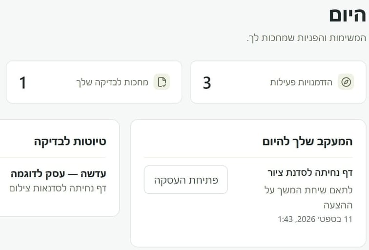 מסך „היום” ב־Riverivo: הכותרת, מונים של הזדמנויות פעילות ושל מה שמחכה לבדיקה, והמעקב להיום עם פתיחת העסקה. נתוני דוגמה.