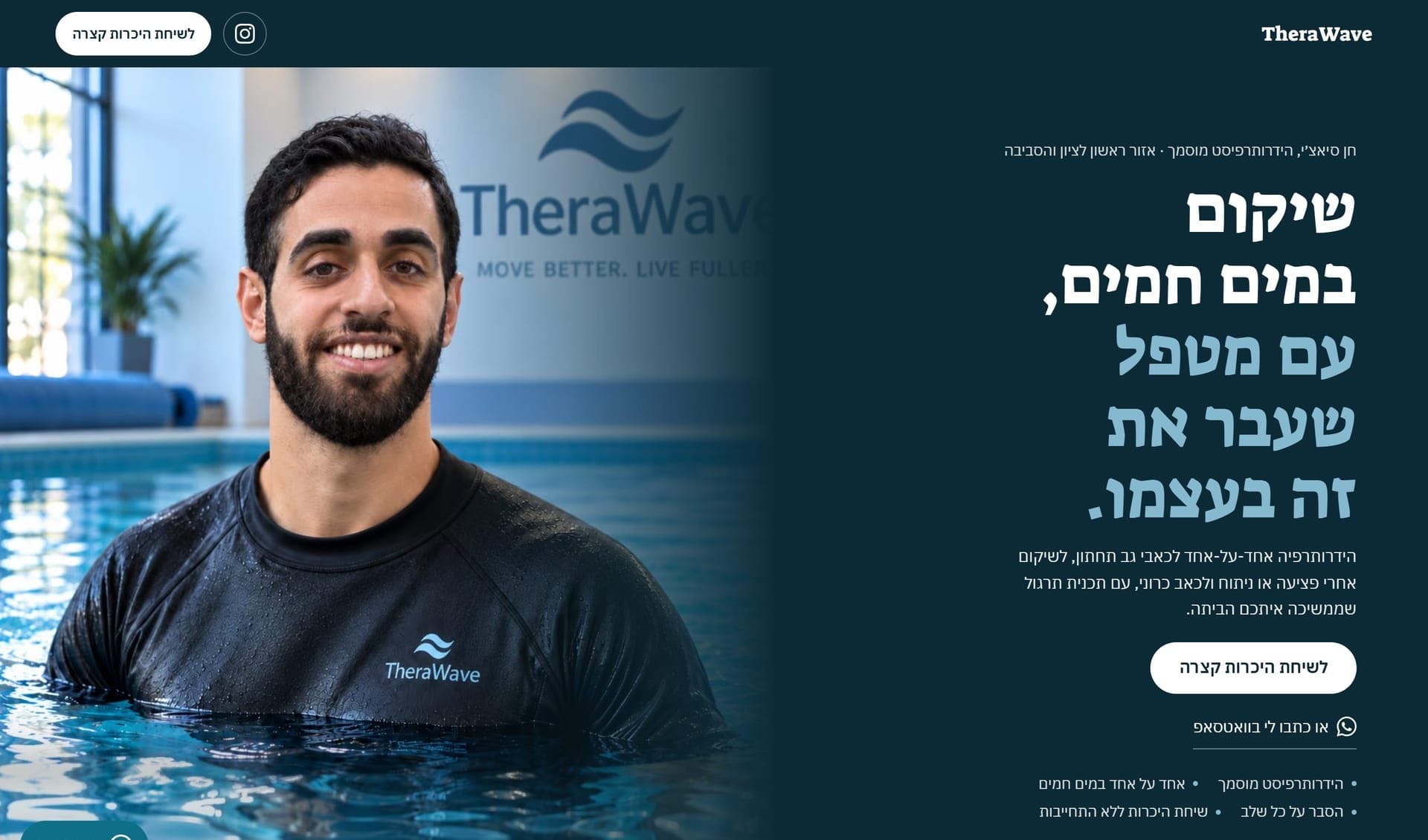 עמוד הבית של TheraWave: הכותרת על שיקום במים חמים, ארבע נקודות על המטפל, ושני כפתורים