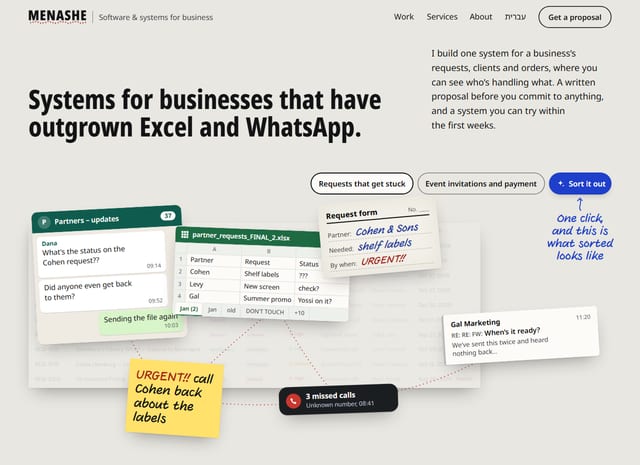 The top of this site’s English home page on a desktop: the header with “Get a proposal”, the headline “Systems for businesses that have outgrown Excel and WhatsApp.”, and the mess of an ordinary day on the stage below it.