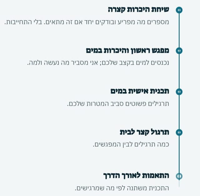 „איך זה עובד” באתר של TheraWave: חמישה שלבים על קו אחד, משיחת היכרות קצרה, דרך מפגש ראשון במים, תוכנית אישית ותרגול קצר לבית, ועד התאמות לאורך הדרך. לכל שלב משפט שמסביר מה קורה בו.